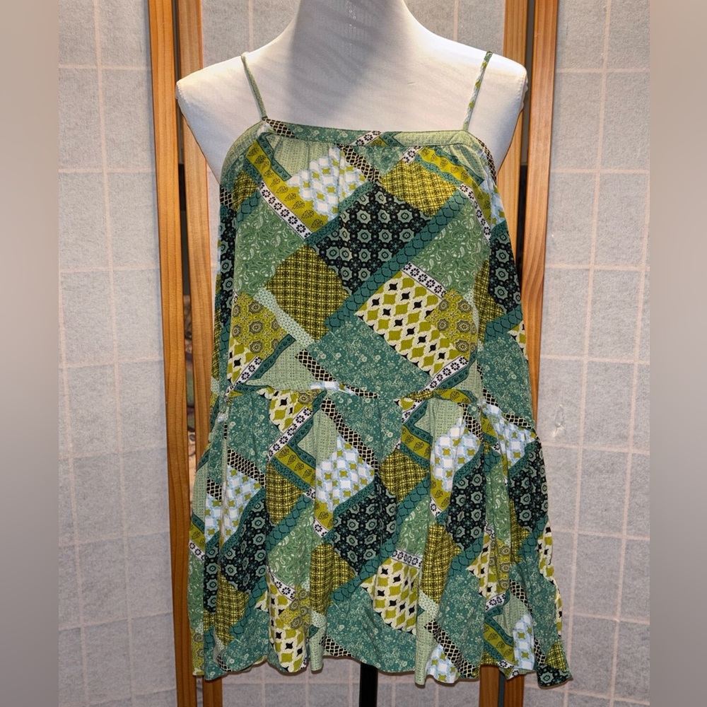 Natural life Harper tunic Womens L Green patchwork Sleeveless Ruffle Boho